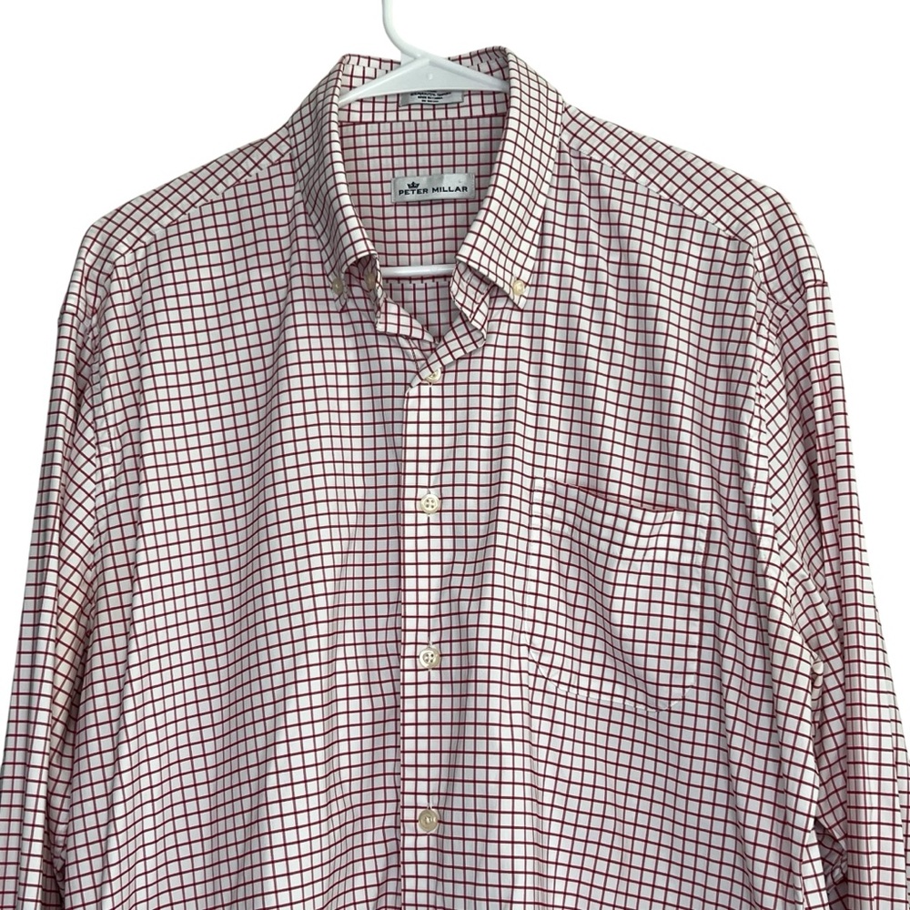 Peter Millar White Button-Down Shirt with Red Windowpane Check